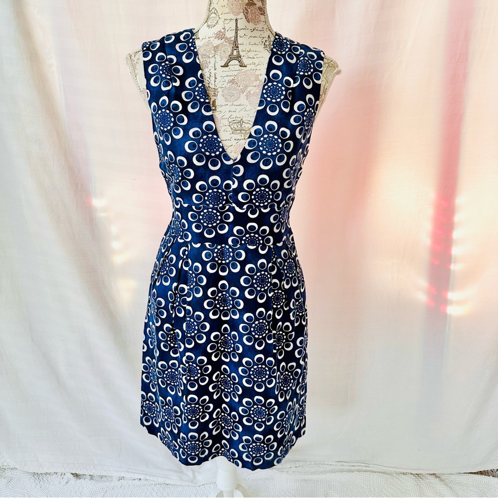 Adam Lippes Day Dress Navy V Neck Linen Cotton Size 6 Silk Lined